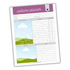 Costume planner sheet with sky and grass design on a white background
