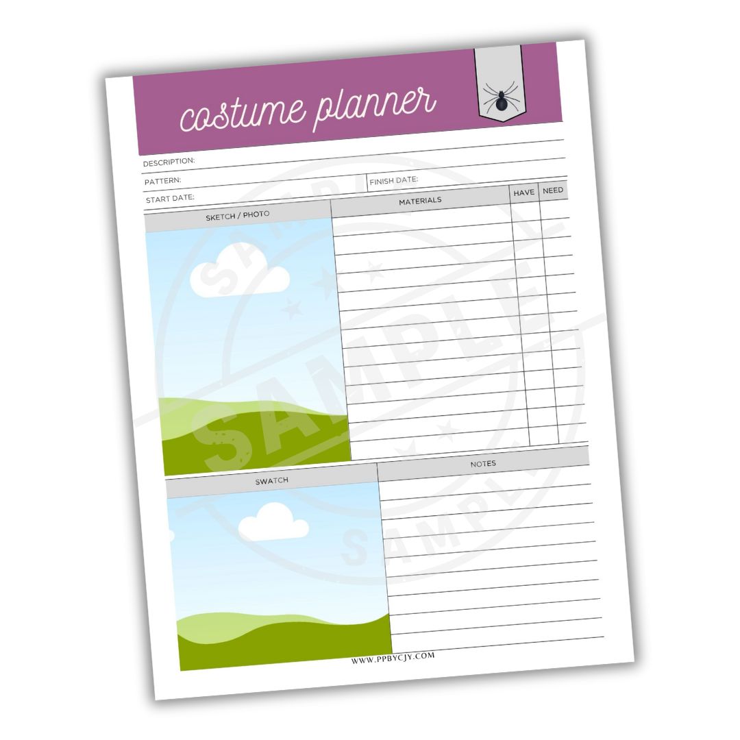 Costume planner sheet with sky and grass design on a white background