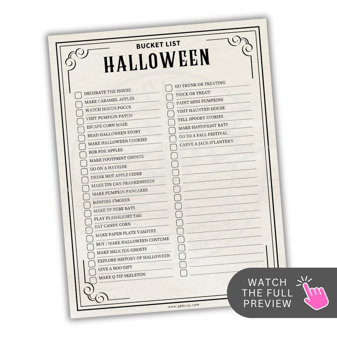 Halloween bucket list with checkboxes on a white background