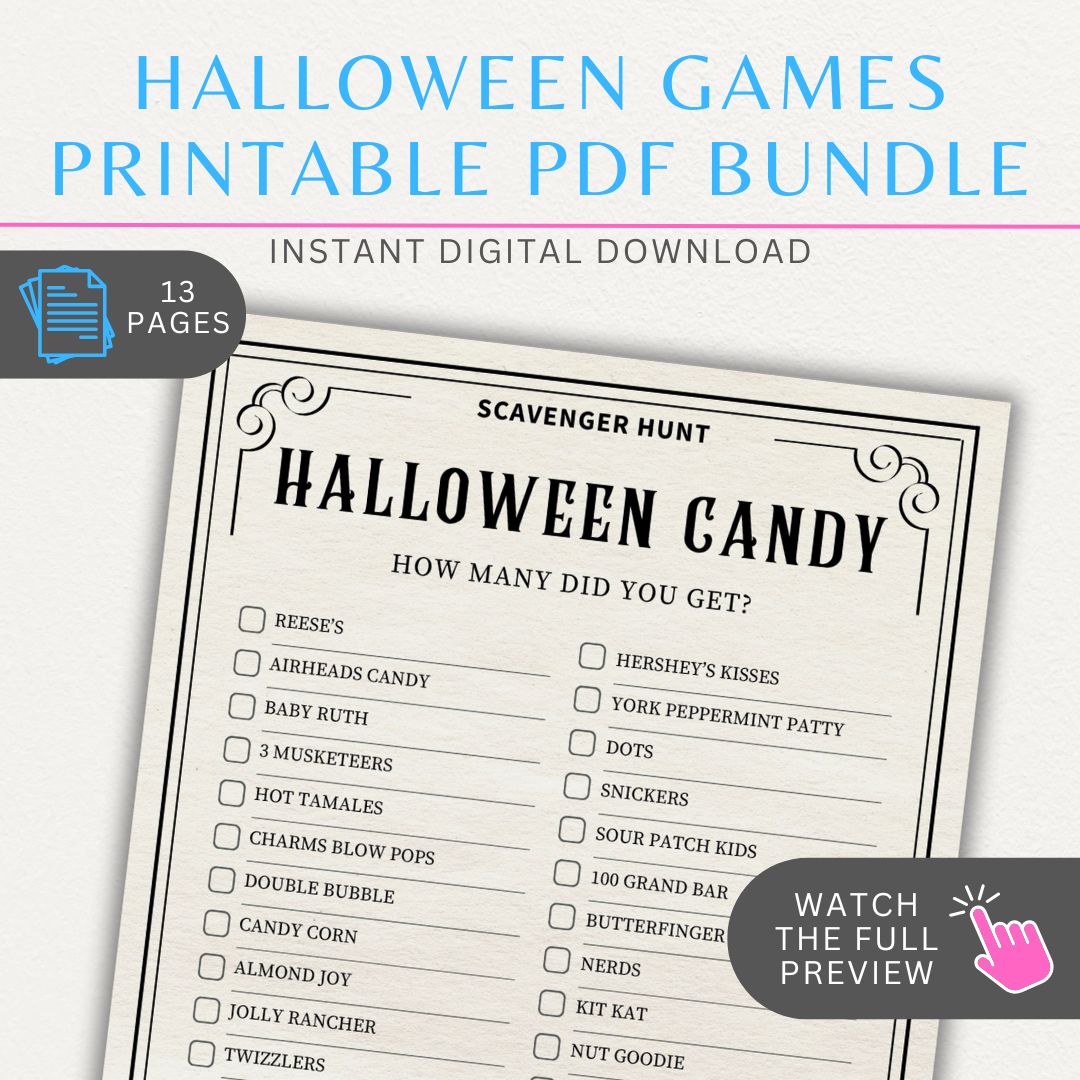 Halloween Game Printable PDF Bundle with 13 games, including word searches, bingo, trivia, and scavenger hunts