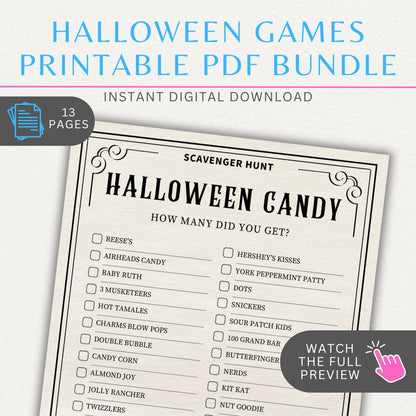 Halloween Game Printable PDF Bundle with 13 games, including word searches, bingo, trivia, and scavenger hunts