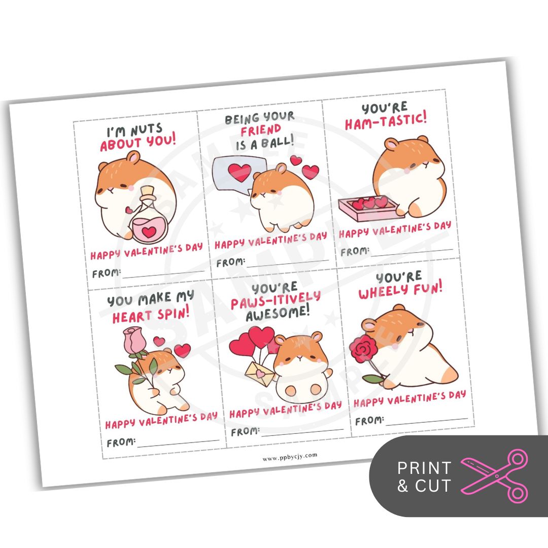 Set of Valentine's Day cards with cartoon hamsters and humorous text on a white background.