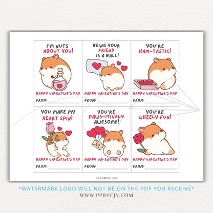 Hamster-themed printable Valentine’s Day sheet with six cute hamster designs and heartfelt messages for a fun Valentine exchange.

