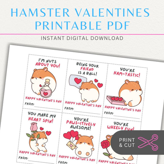 Hamster-themed printable Valentine’s Day sheet with six cute hamster designs and heartfelt messages for a fun Valentine exchange.

