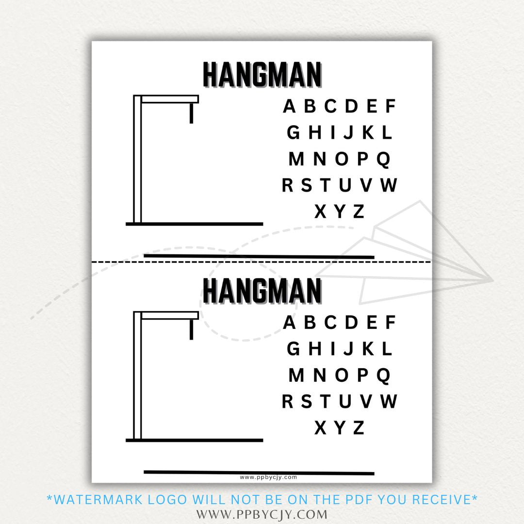 Printable Hangman game template with letter spaces, word bank, and drawing area for incorrect guesses.

