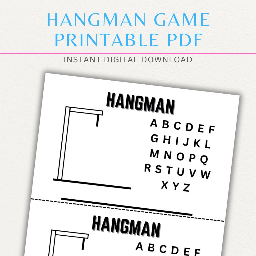 Printable Hangman game template with letter spaces, word bank, and drawing area for incorrect guesses.

