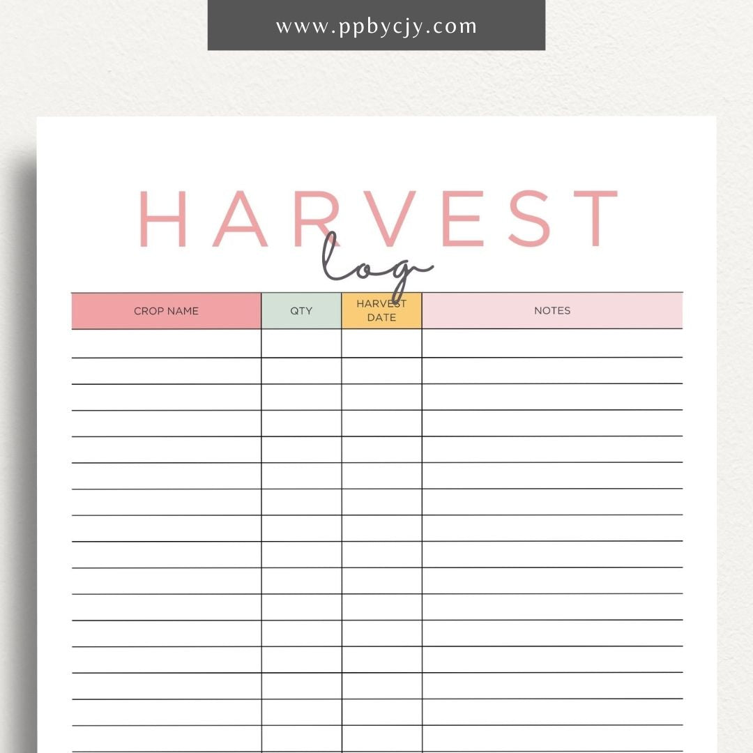 printable template page with columns and rows related to crop harvesting