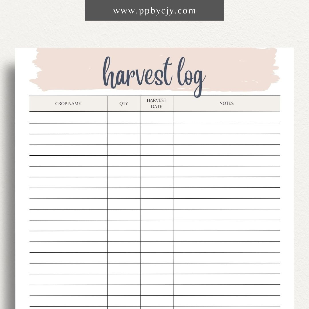 printable template page with columns and rows related to crop harvesting