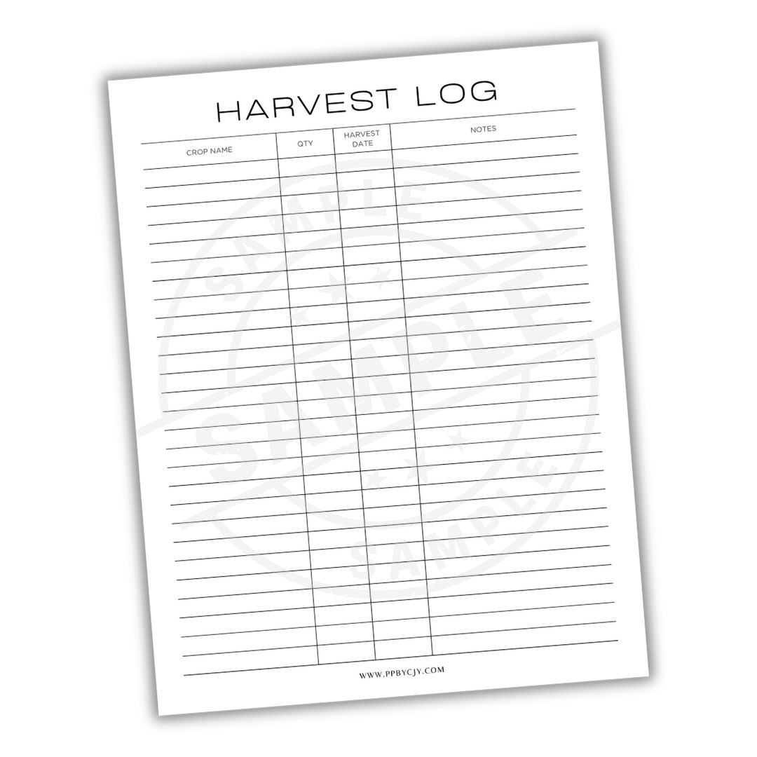 Harvest log sheet with columns for crop name, quantity, harvest date, and notes on a white background.
