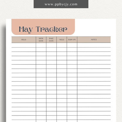 printable template page with columns and rows related to hay crop harvesting