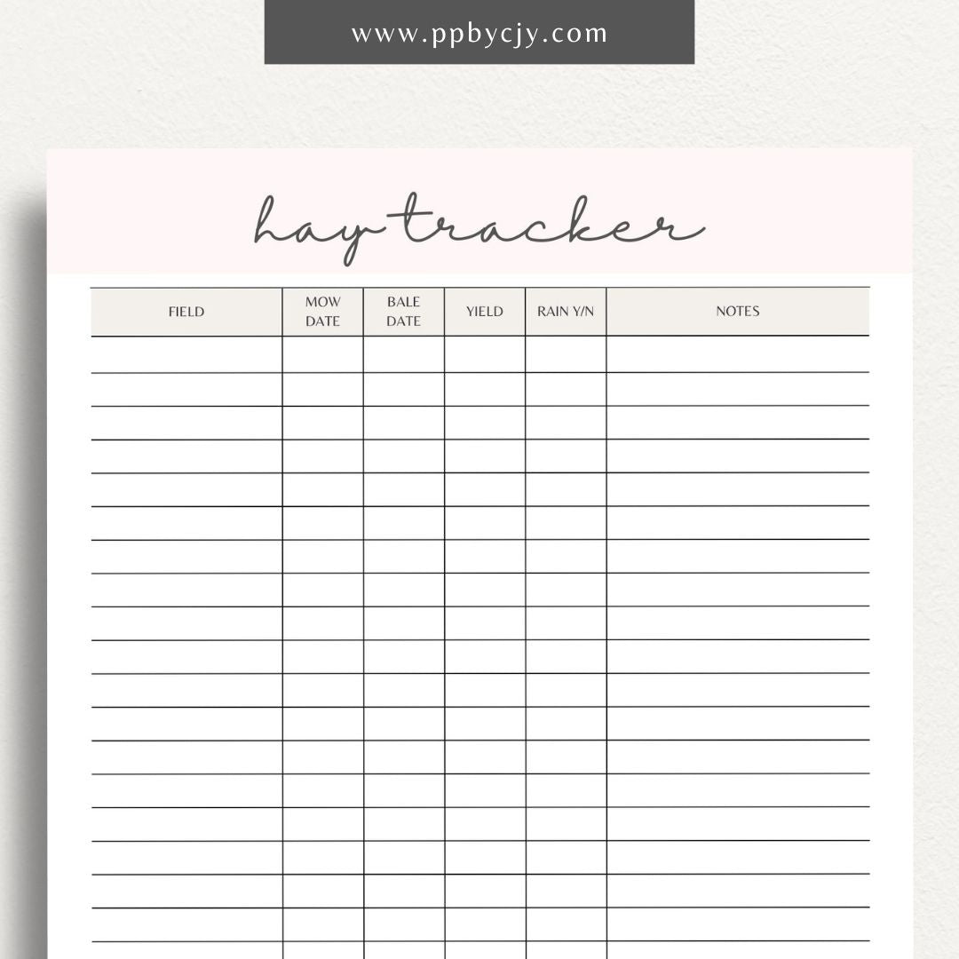 printable template page with columns and rows related to hay crop harvesting