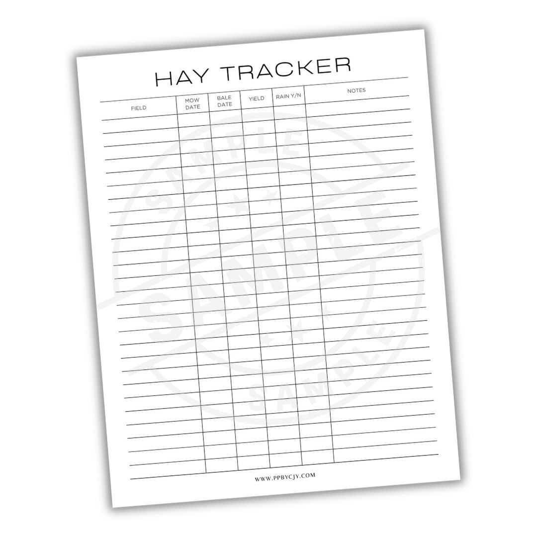 Hay Tracker sheet with columns for field, date, rain, and notes on a white background