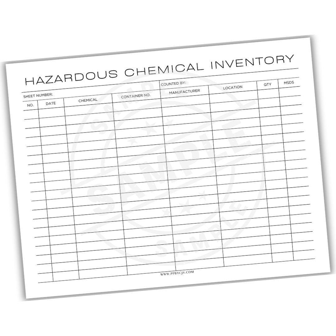 Hazardous Chemical Inventory sheet with columns for sheet number, date, chemical name, container number, etc.