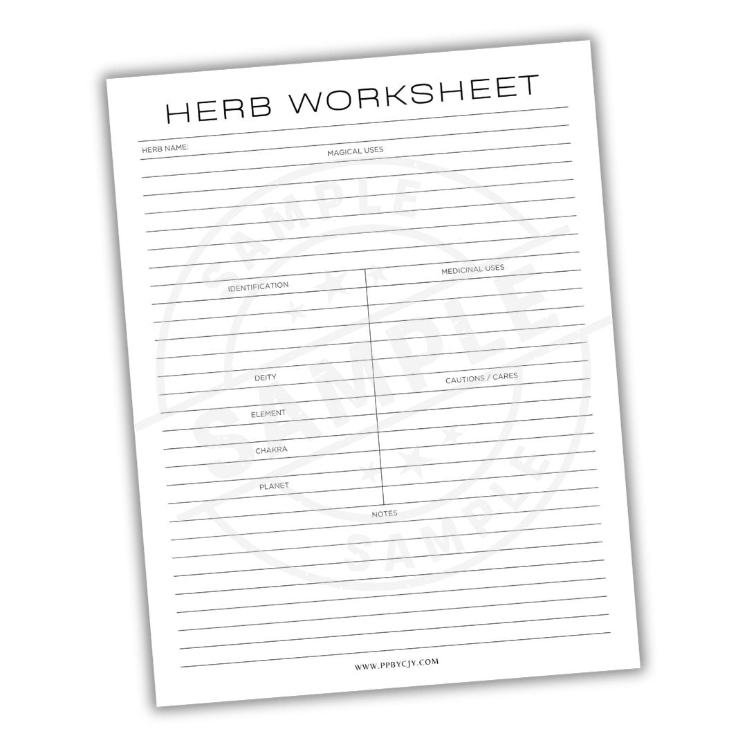 Herb worksheet with columns for identification, properties, medicinal uses, and notes on a white background.