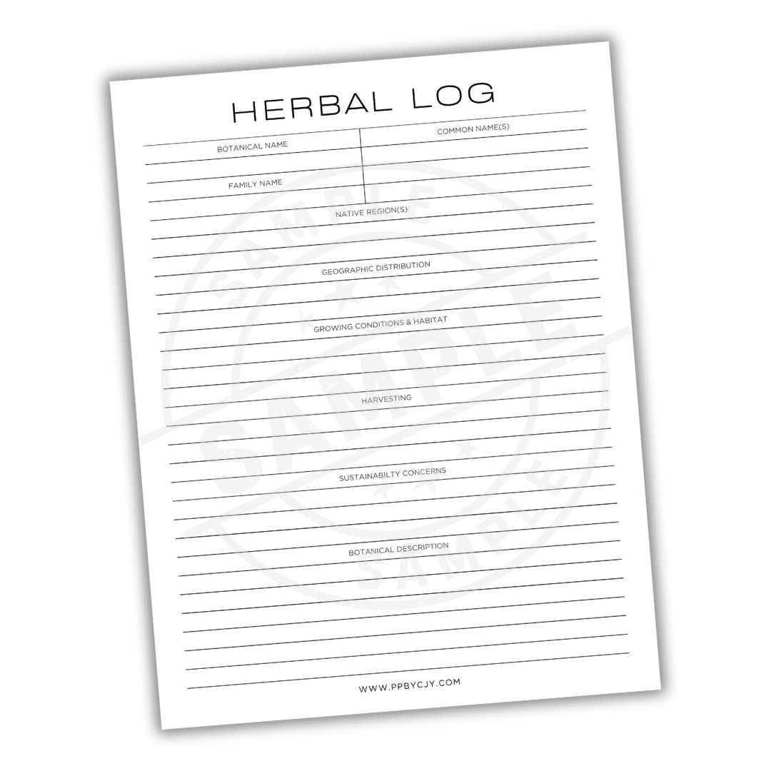 Sheet of paper with 'Herbal Log' headings on a white background