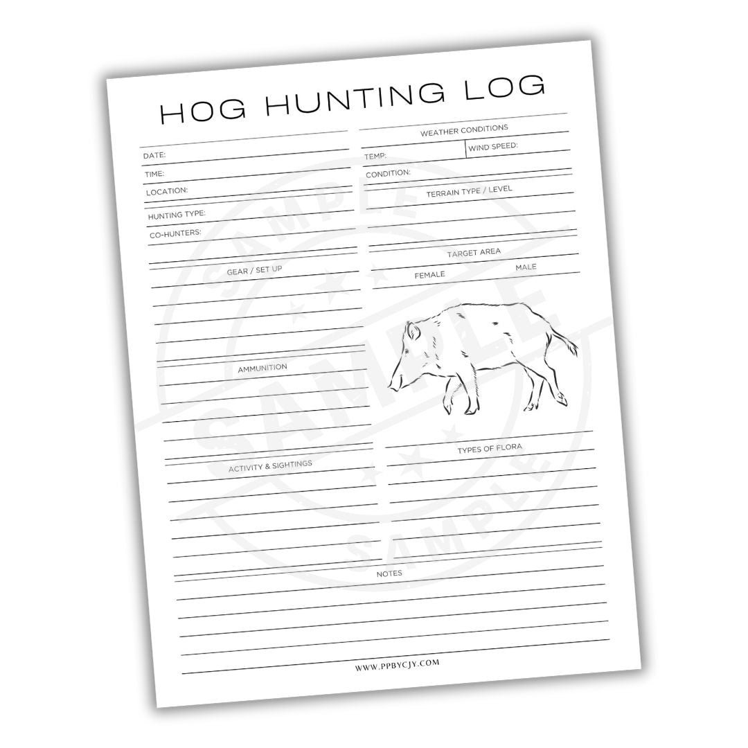 Hog hunting log sheet with a pig illustration on a white background