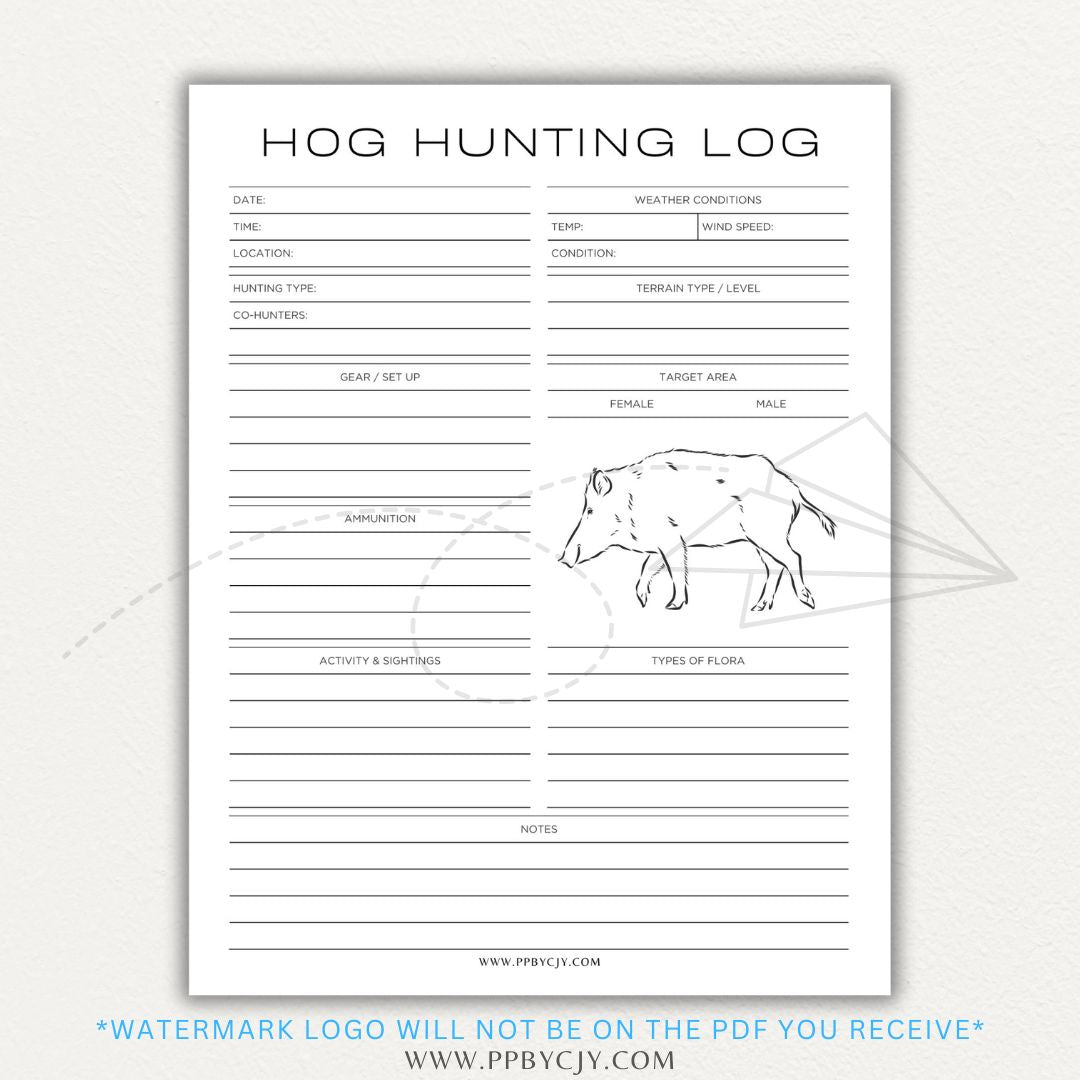 Hog Hunting Log Printable PDF Template with sections for date, location, weapon, and notes.

