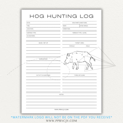 Hog Hunting Log Printable PDF Template with sections for date, location, weapon, and notes.

