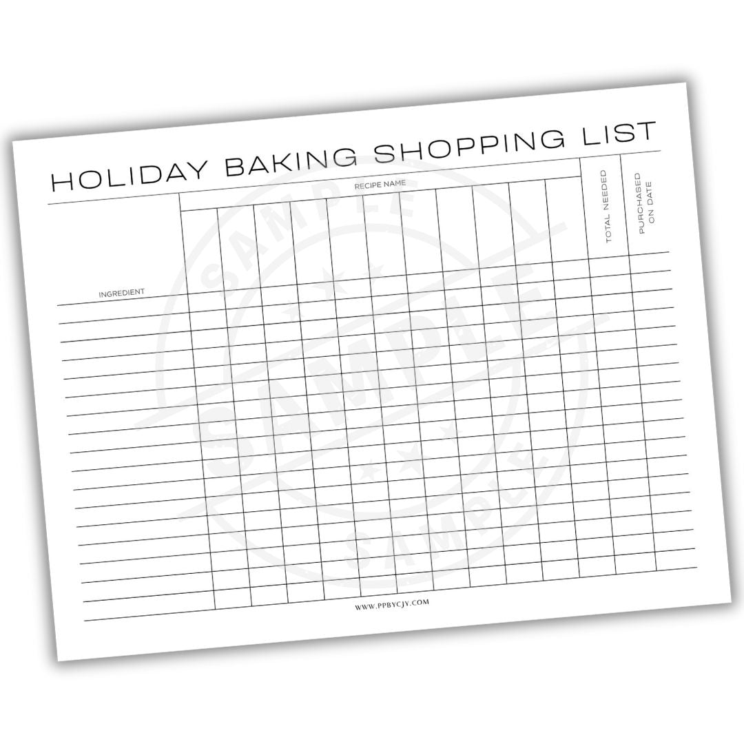 Holiday baking shopping list form on a white background