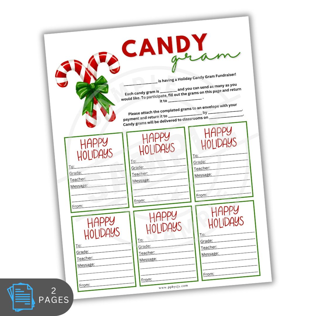 Sheet of 'Candy Gram' printables with candy cane design on a white background