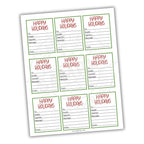 Sheet of 'Happy Holidays' greeting cards with pre-printed text on a white background
