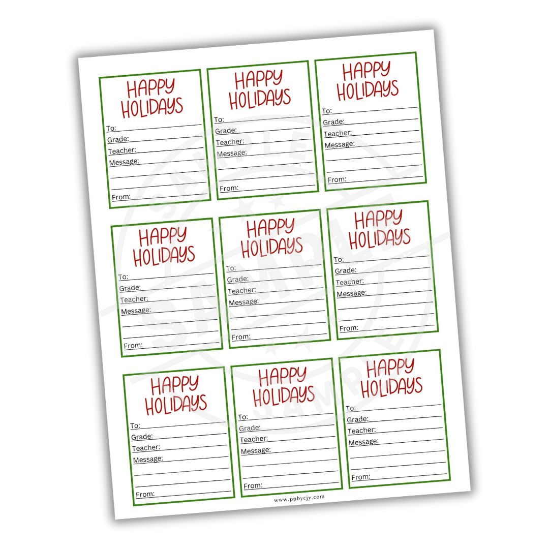 Sheet of 'Happy Holidays' greeting cards with pre-printed text on a white background