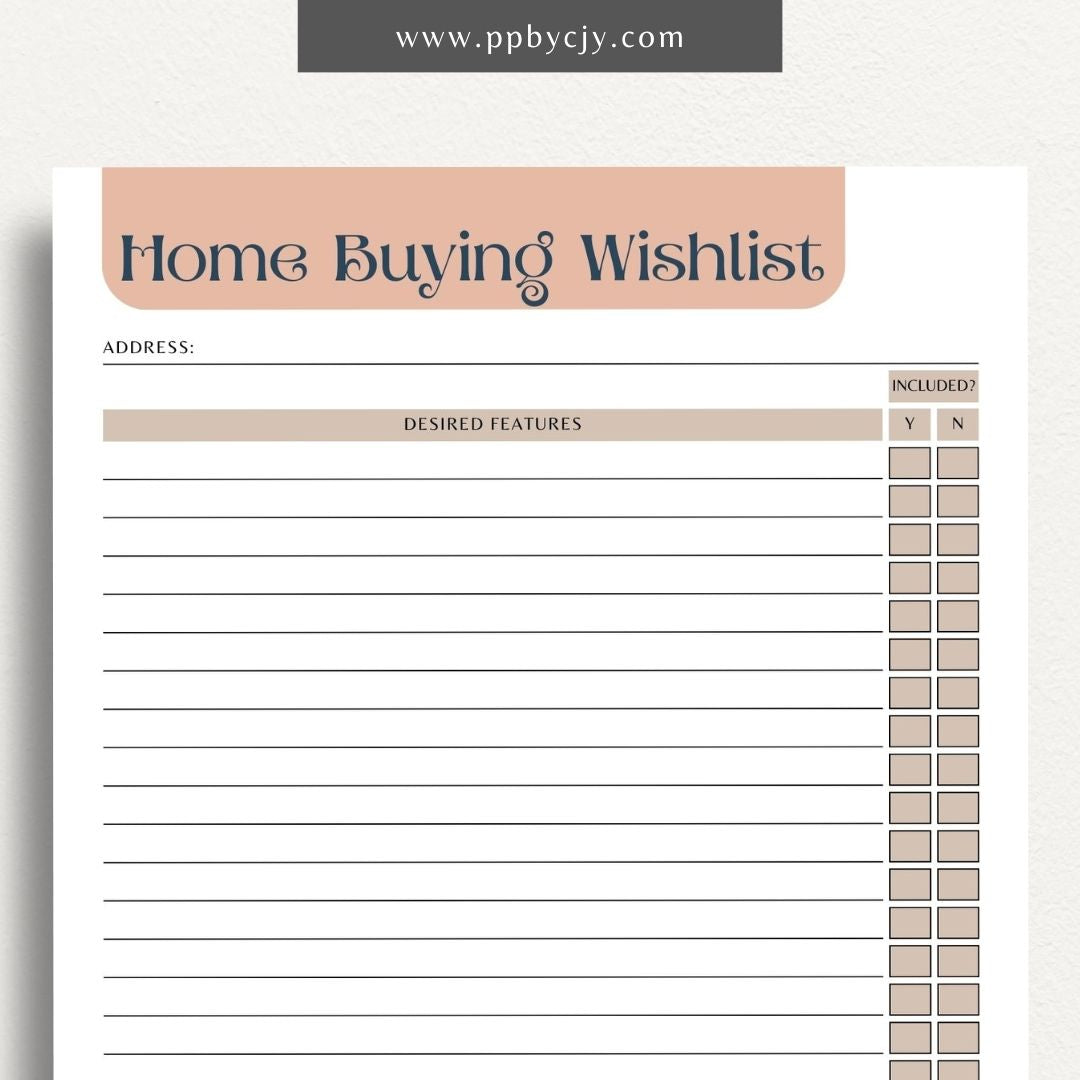 Home Buying Wishlist Printable Template – Digital download for organizing and prioritizing your desired features and requirements for a new home.