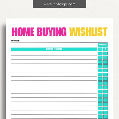 Home Buying Wishlist Printable Template – Digital download for organizing and prioritizing your desired features and requirements for a new home.