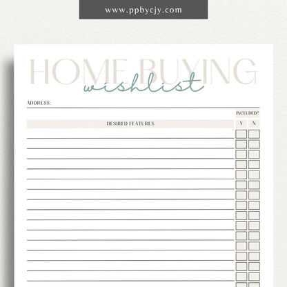 Home Buying Wishlist Printable Template – Digital download for organizing and prioritizing your desired features and requirements for a new home.