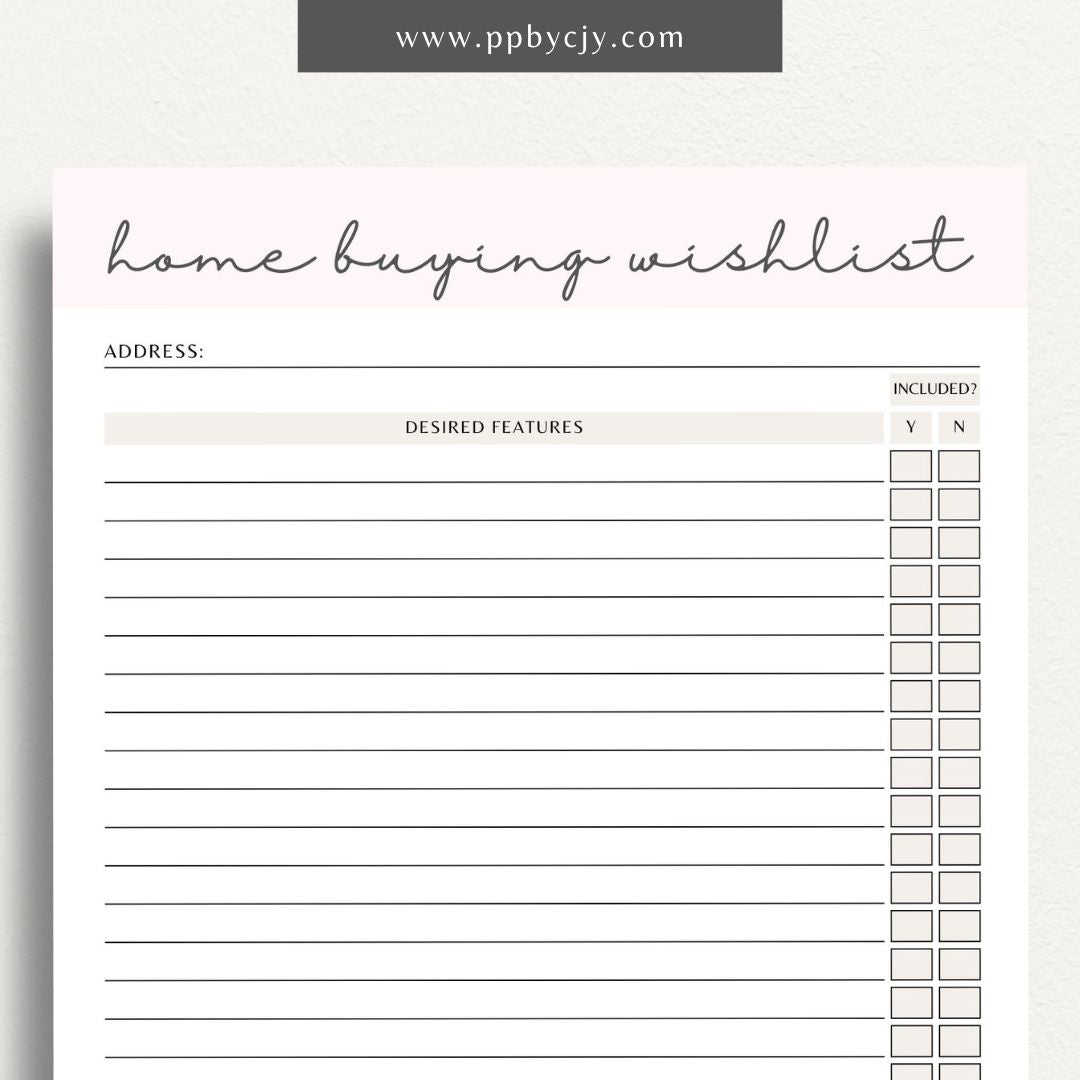 Home Buying Wishlist Printable Template – Digital download for organizing and prioritizing your desired features and requirements for a new home.