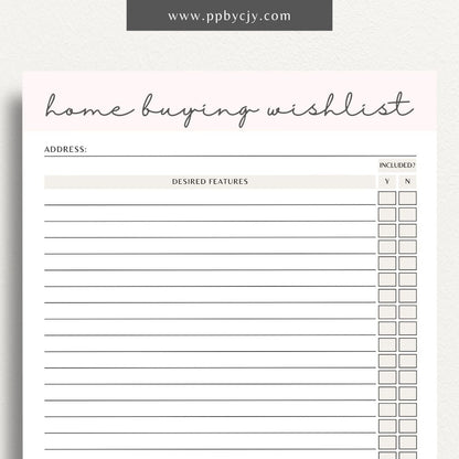 Home Buying Wishlist Printable Template – Digital download for organizing and prioritizing your desired features and requirements for a new home.