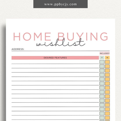 Home Buying Wishlist Printable Template – Digital download for organizing and prioritizing your desired features and requirements for a new home.