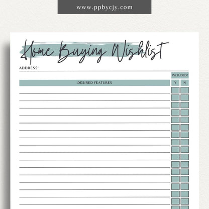 Home Buying Wishlist Printable Template – Digital download for organizing and prioritizing your desired features and requirements for a new home.