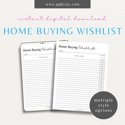 Home Buying Wishlist Printable Template – Digital download for organizing and prioritizing your desired features and requirements for a new home.