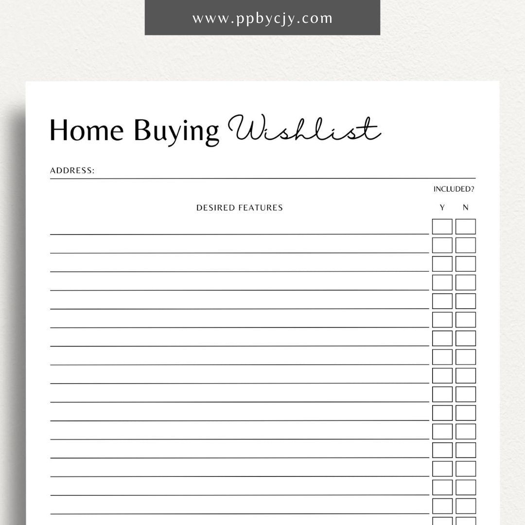 Home Buying Wishlist Printable Template – Digital download for organizing and prioritizing your desired features and requirements for a new home.