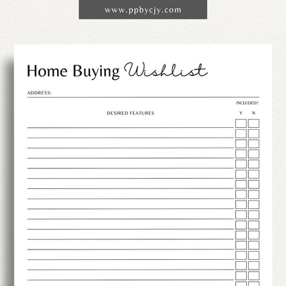 Home Buying Wishlist Printable Template – Digital download for organizing and prioritizing your desired features and requirements for a new home.