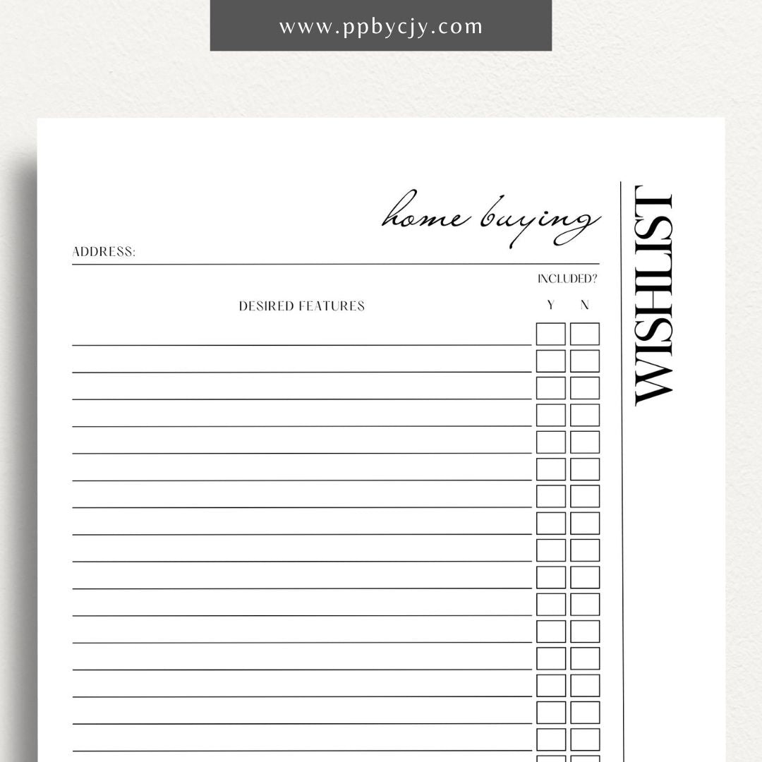 Home Buying Wishlist Printable Template – Digital download for organizing and prioritizing your desired features and requirements for a new home.