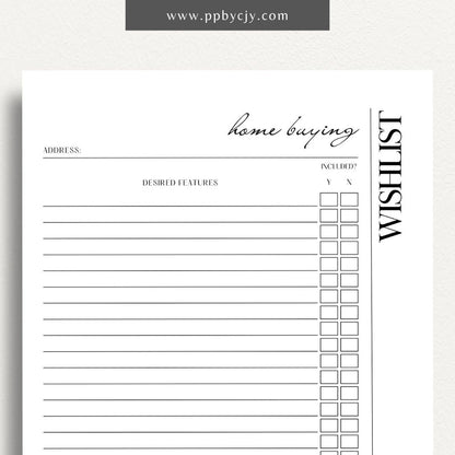 Home Buying Wishlist Printable Template – Digital download for organizing and prioritizing your desired features and requirements for a new home.