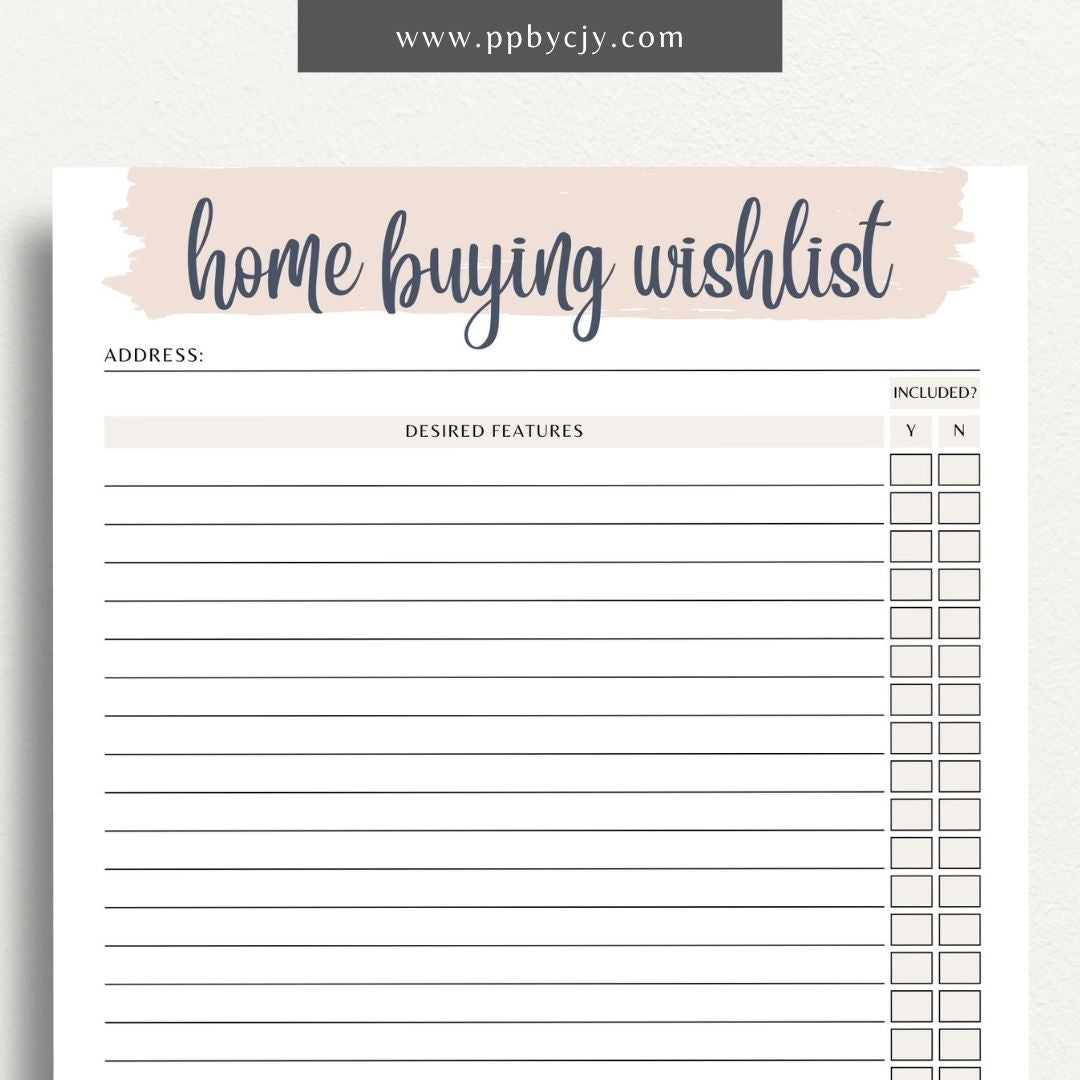 Home Buying Wishlist Printable Template – Digital download for organizing and prioritizing your desired features and requirements for a new home.