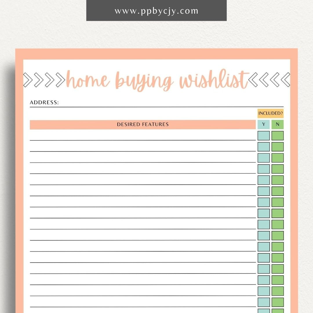 Home Buying Wishlist Printable Template – Digital download for organizing and prioritizing your desired features and requirements for a new home.