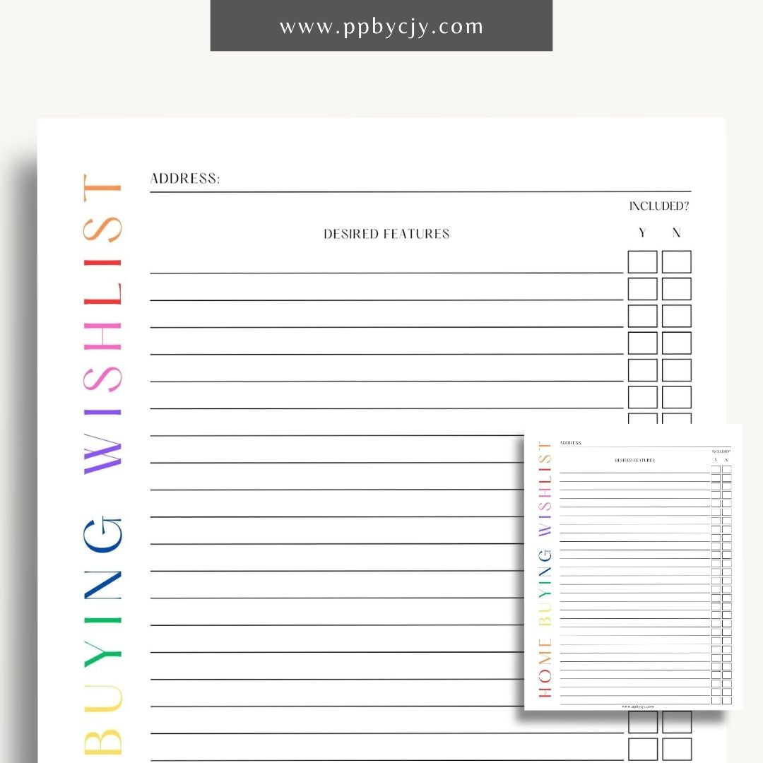 Home Buying Wishlist Printable Template – Digital download for organizing and prioritizing your desired features and requirements for a new home.