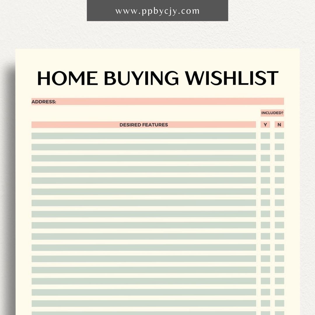 Home Buying Wishlist Printable Template – Digital download for organizing and prioritizing your desired features and requirements for a new home.