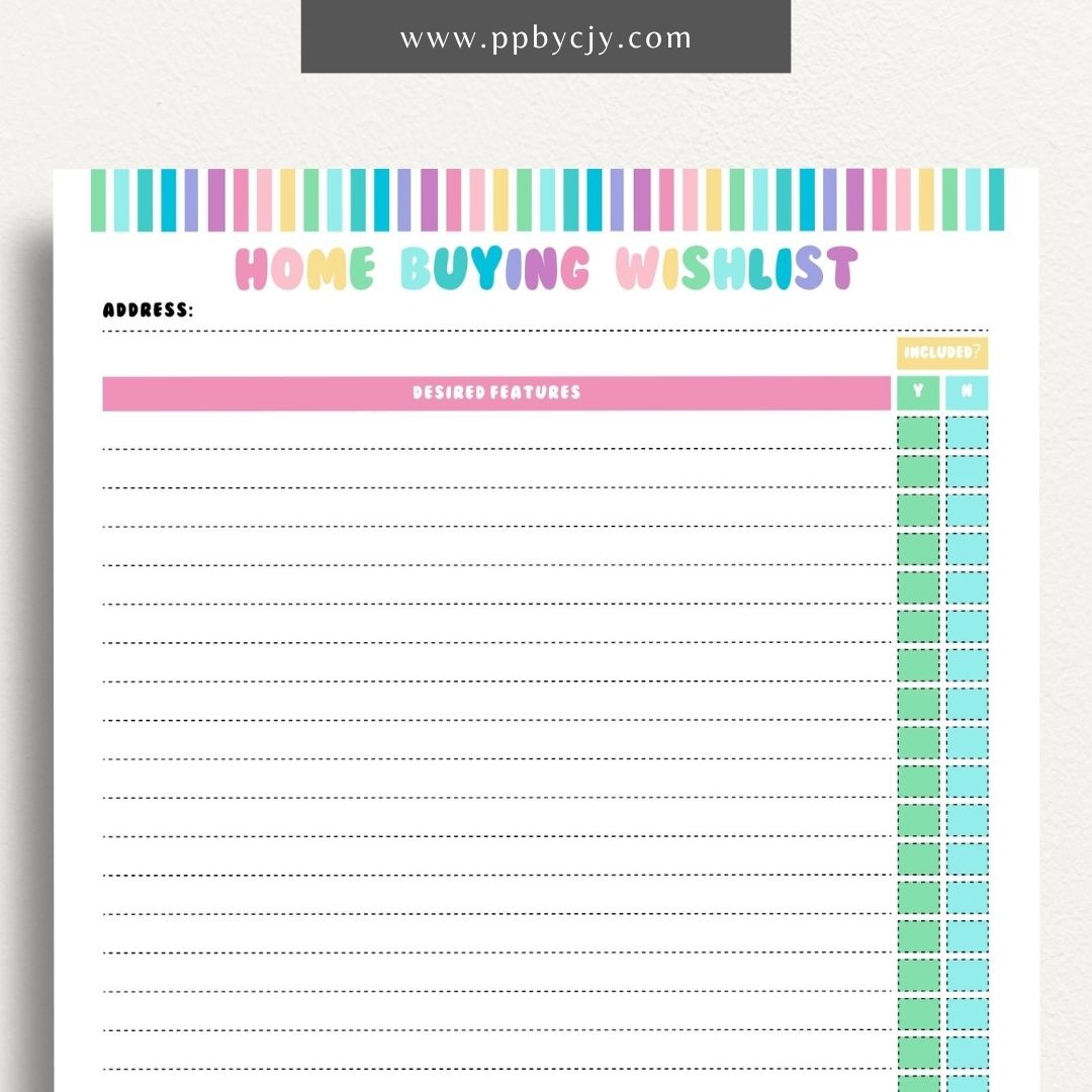 Home Buying Wishlist Printable Template – Digital download for organizing and prioritizing your desired features and requirements for a new home.