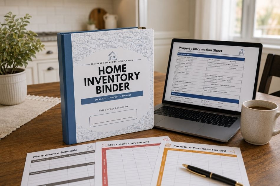 Home inventory binder on a desk with laptop and documents