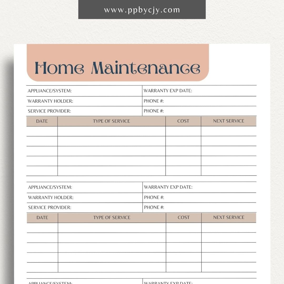 Home Maintenance Log Printable Template – Digital download for tracking and scheduling regular home maintenance tasks and repairs.