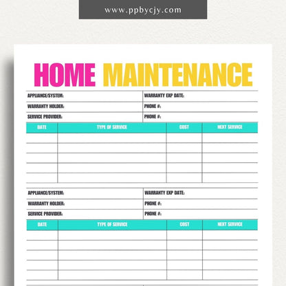 Home Maintenance Log Printable Template – Digital download for tracking and scheduling regular home maintenance tasks and repairs.