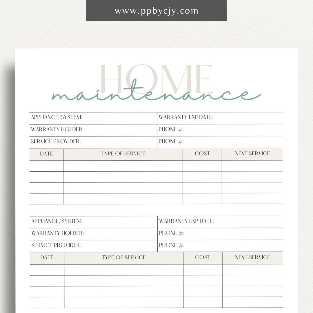 Home Maintenance Log Printable Template – Digital download for tracking and scheduling regular home maintenance tasks and repairs.