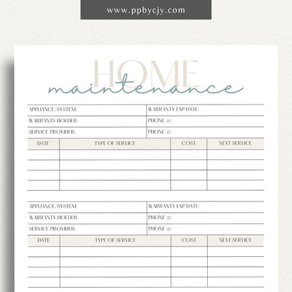 Home Maintenance Log Printable Template – Digital download for tracking and scheduling regular home maintenance tasks and repairs.