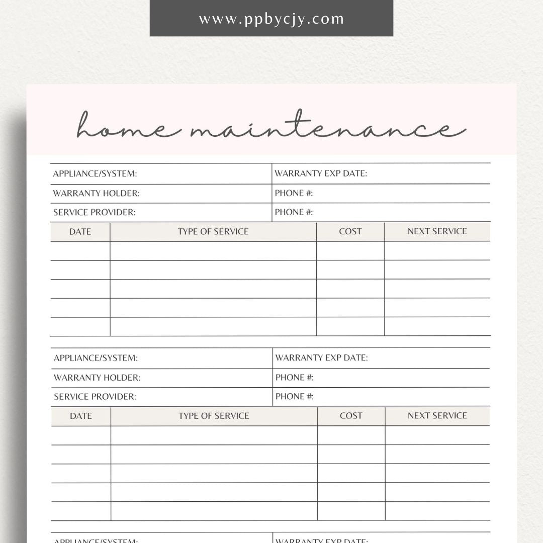 Home Maintenance Log Printable Template – Digital download for tracking and scheduling regular home maintenance tasks and repairs.