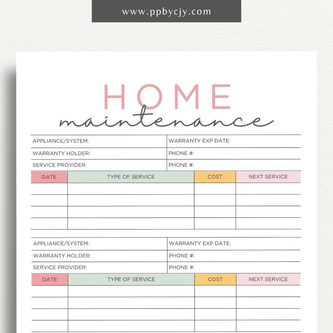 Home Maintenance Log Printable Template – Digital download for tracking and scheduling regular home maintenance tasks and repairs.